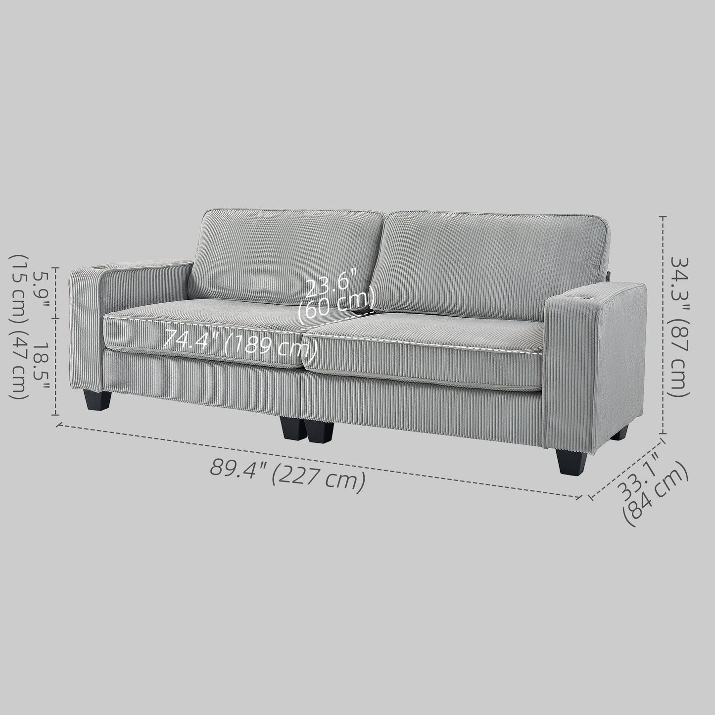 3-Seater Sofa with Cup Holders - Light Grey