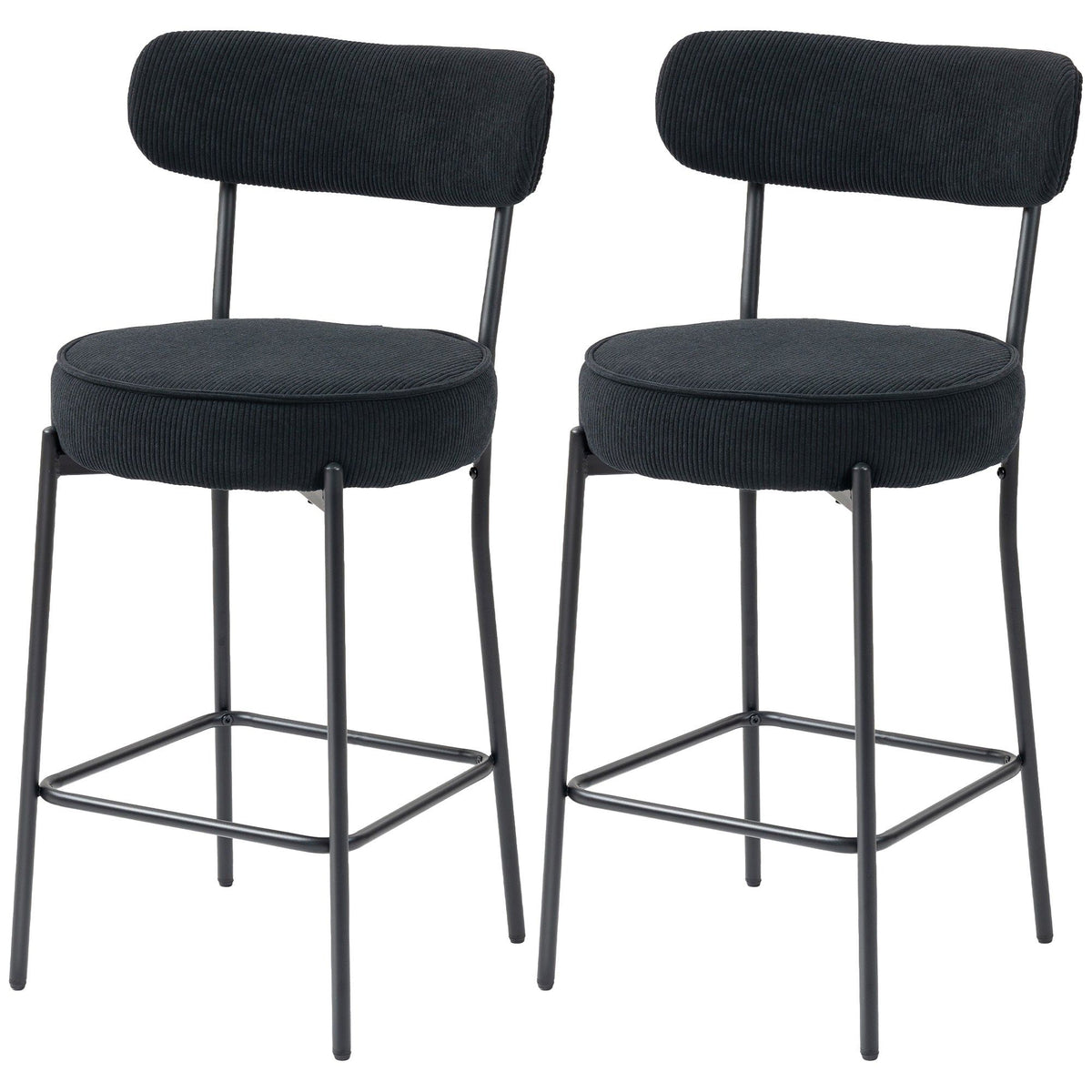 Set of 2 Corduroy Bar Stools with Backrest - Black