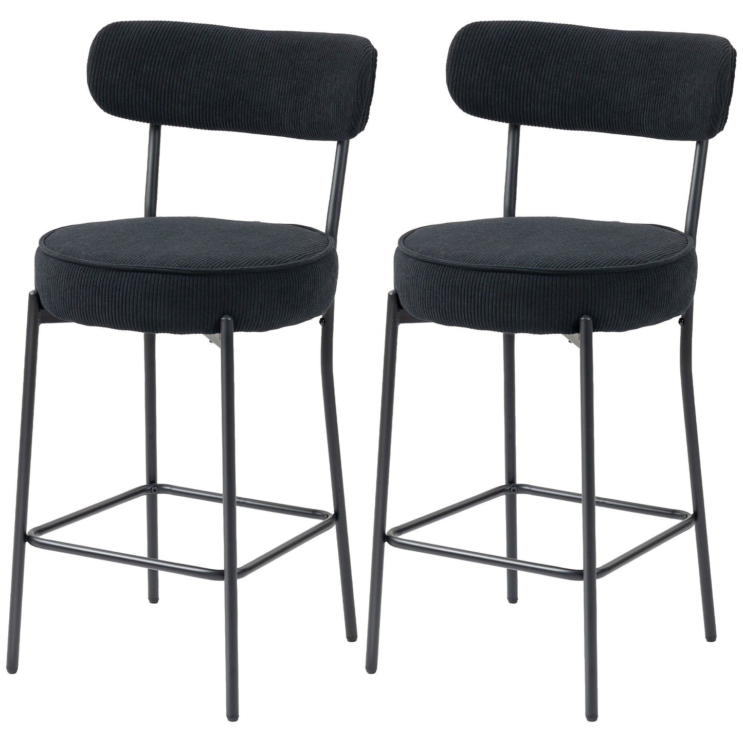 Set of 2 Corduroy Bar Stools with Backrest - Black