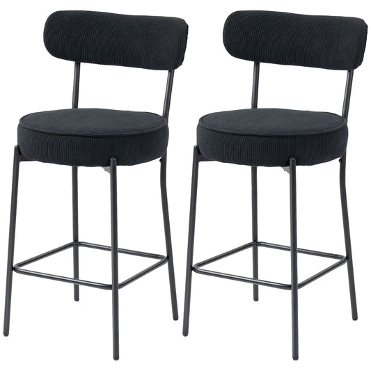 Set of 2 Corduroy Bar Stools with Backrest - Black