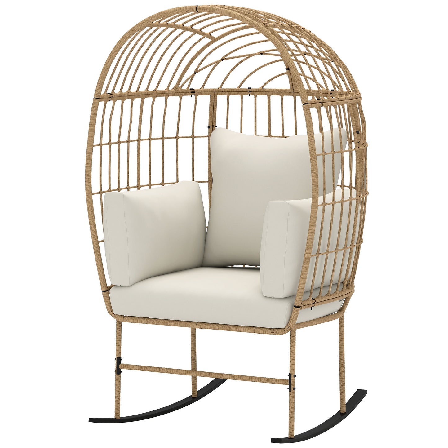 Oversized Rocking Chair, Indoor Outdoor Egg Chair w/ Thickened Cushions, Wicker Patio Lounger for Porch, Balcony, Beige