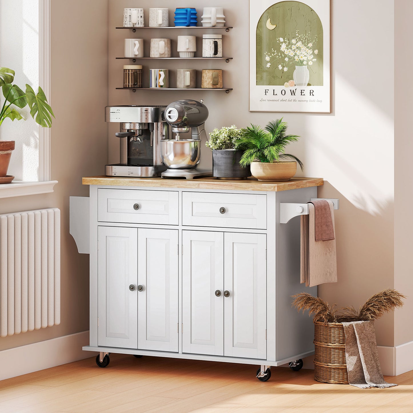 Kitchen Island with Storage, Rolling Trolley Cart with Rubber Wood Top, Spice Rack, Towel Rack, Grey