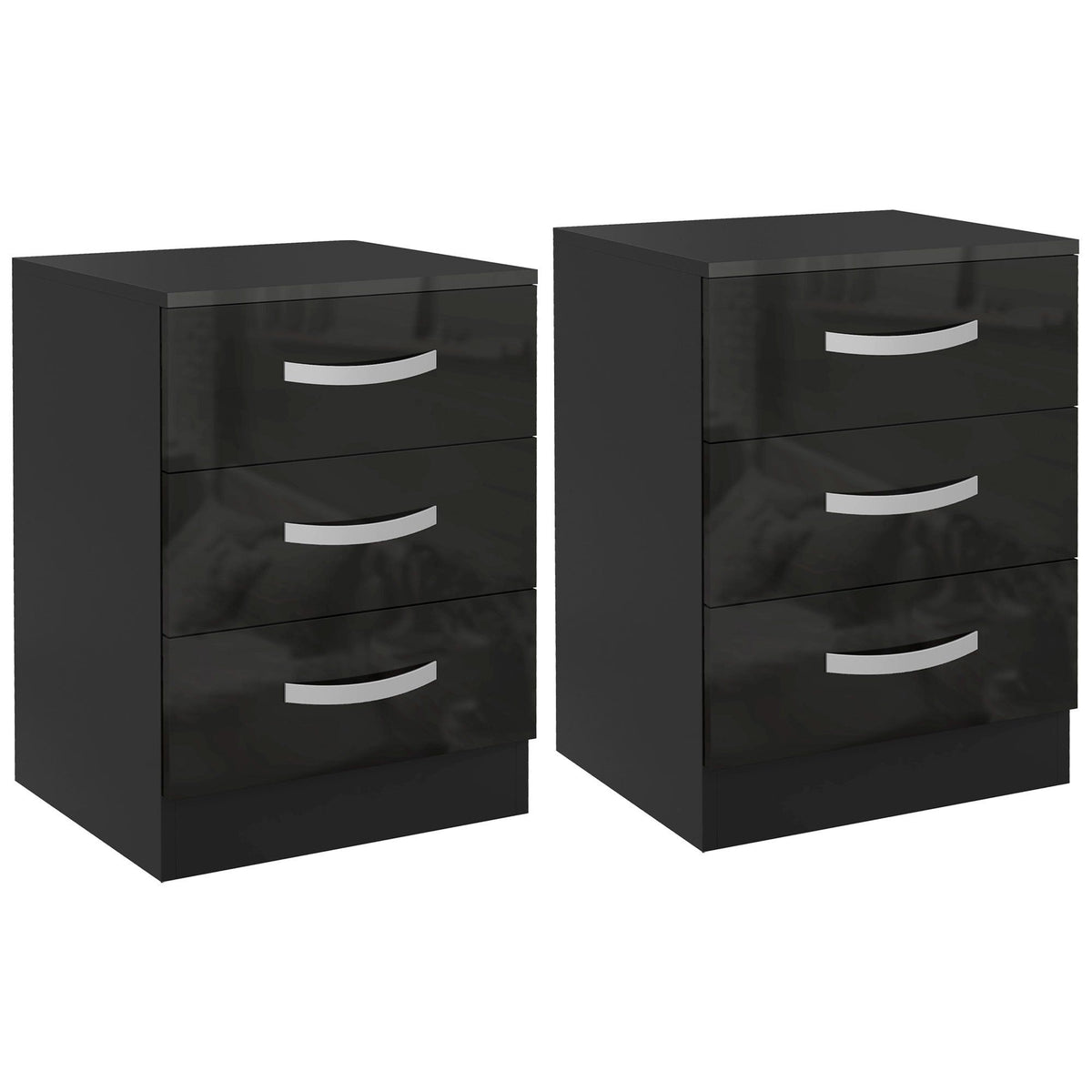 Nightstand Set of 2 with High-Gloss Drawers - Black