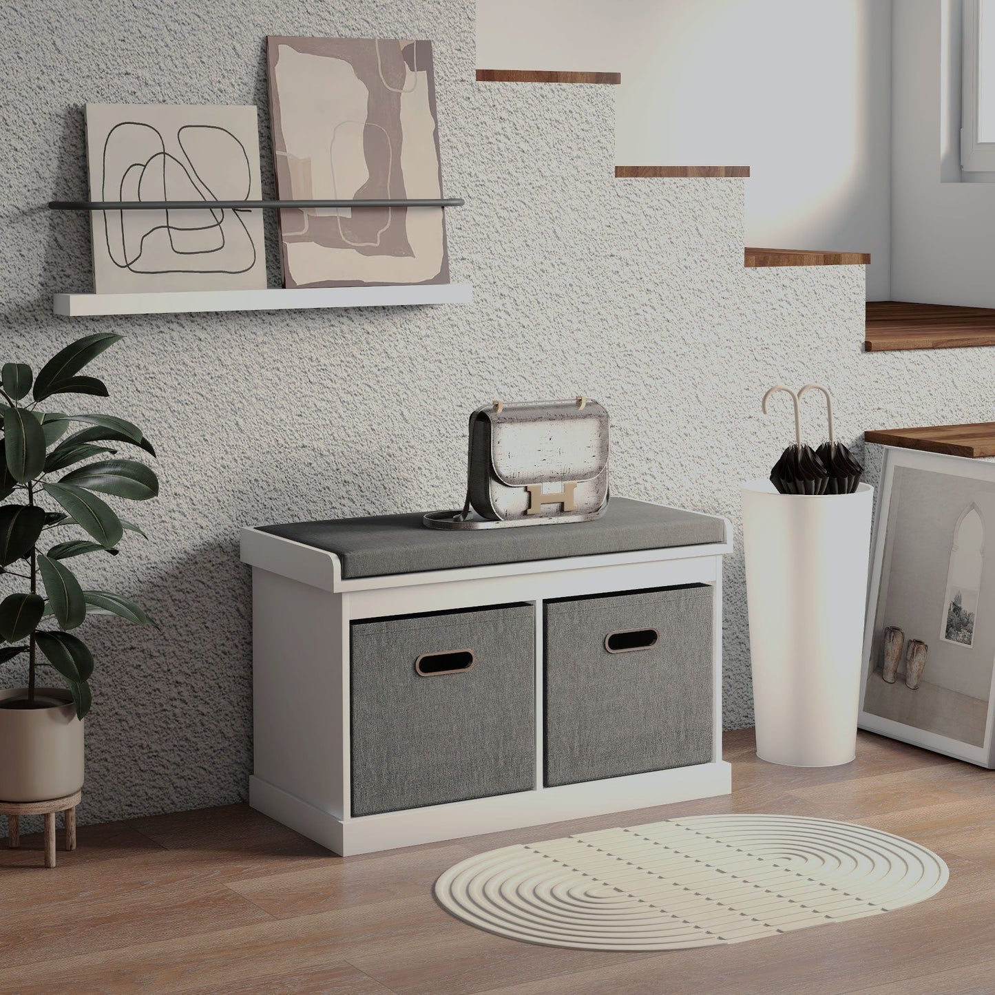 Cushioned Shoe Storage Bench with 2 Fabric Drawers - White