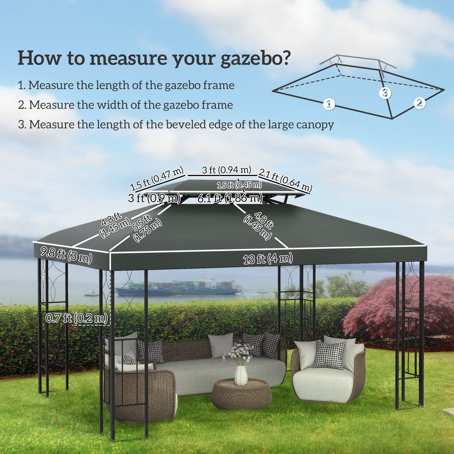 13' x 10' Gazebo Replacement Canopy 2 Tier Top UV Cover Pavilion Garden Patio Outdoor, Deep Grey (TOP ONLY)