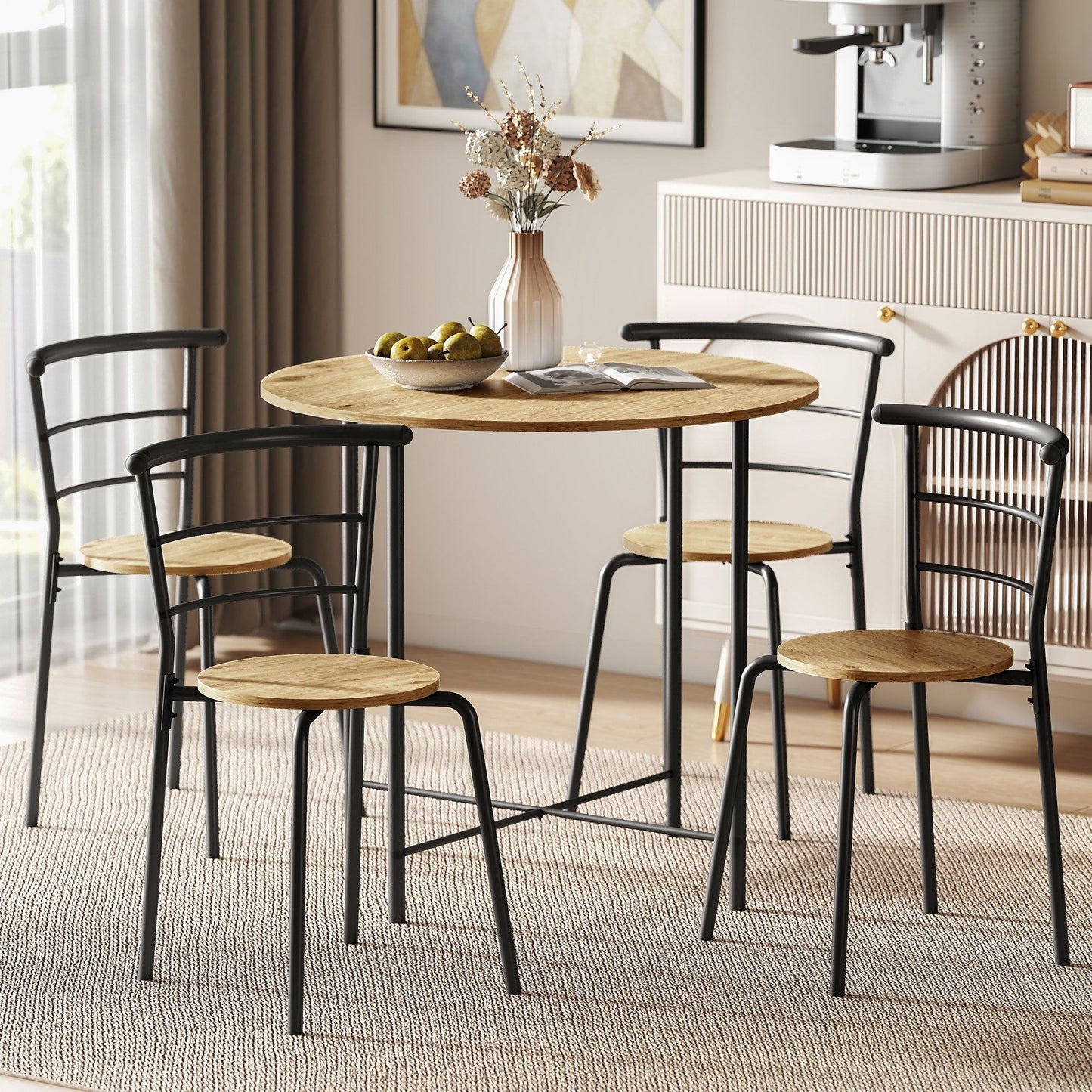 5-Piece Round Dining Set for 4 with Metal Frame - Natural