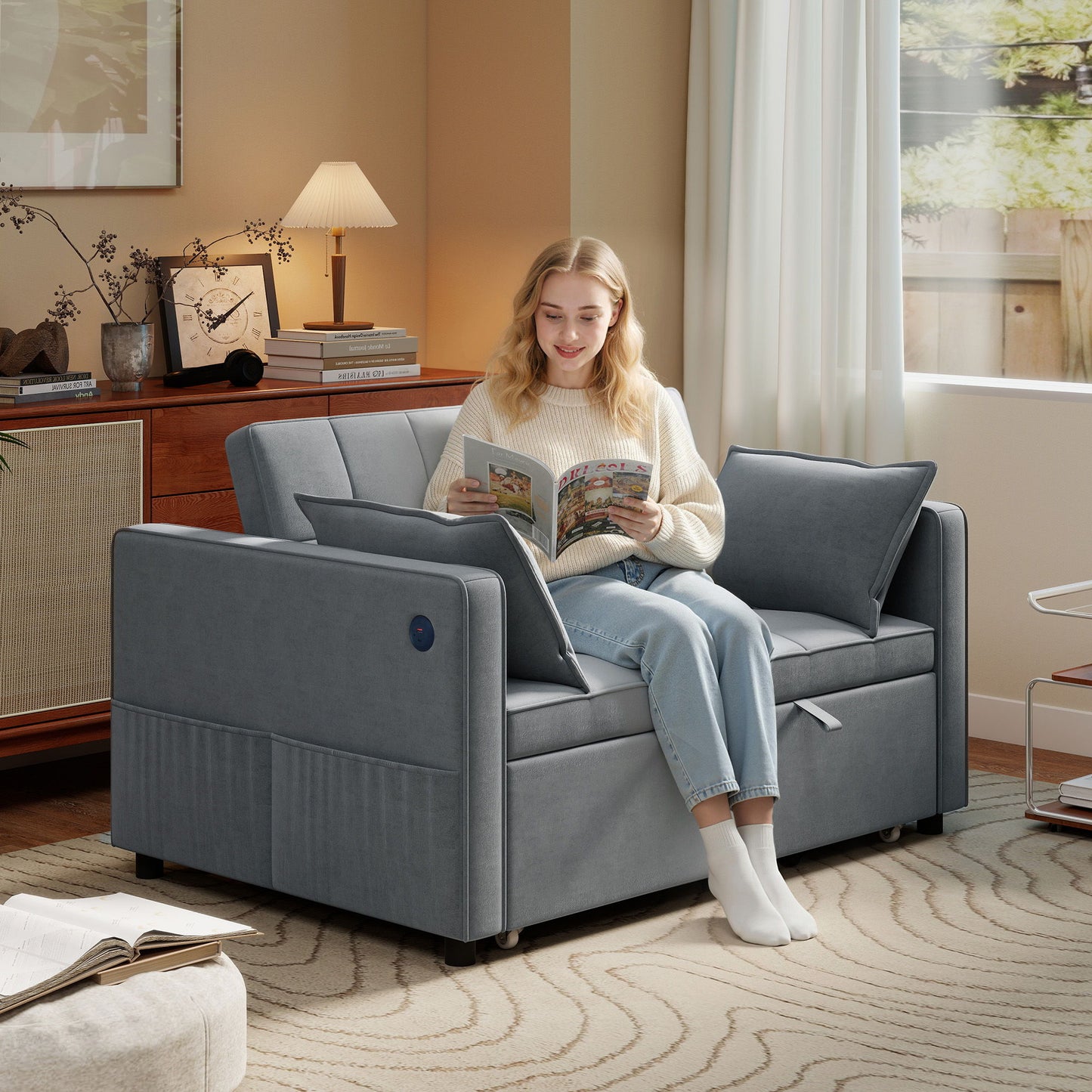 3‑in‑1 Convertible Sofa Bed, Pull Out Sleeper Sofa with USB Charging, Adjustable Backrest, Side Pockets, Dark Grey