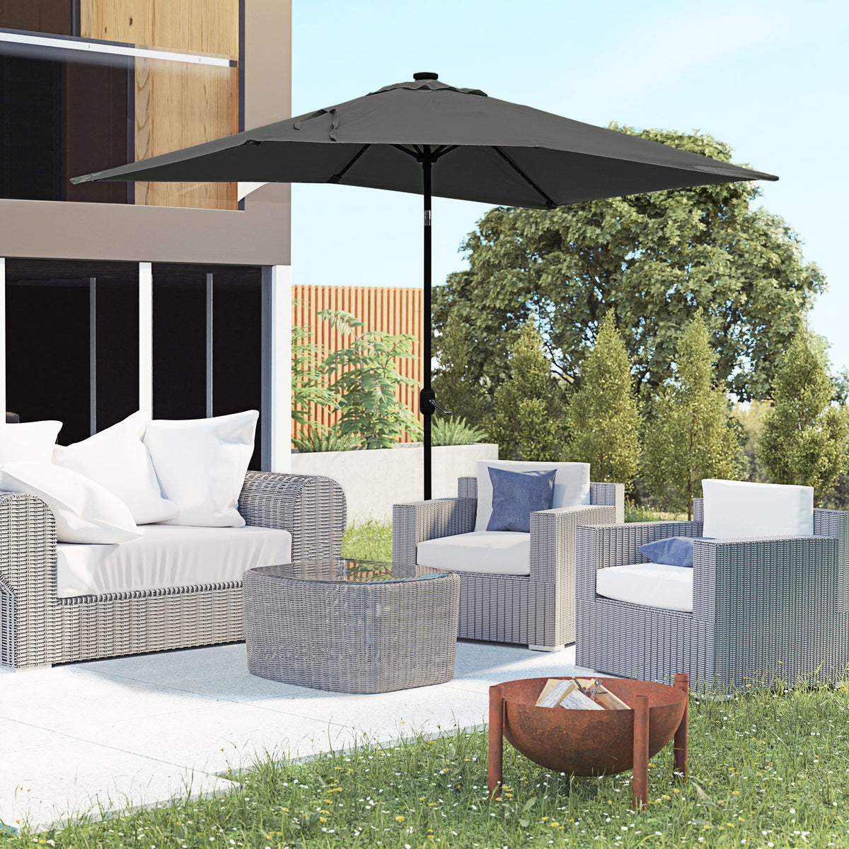 6' x 10' Patio Umbrella with 22 LED Solar Lights and Tilt, Rectangular Outdoor Table Umbrella with Crank, Dark Grey