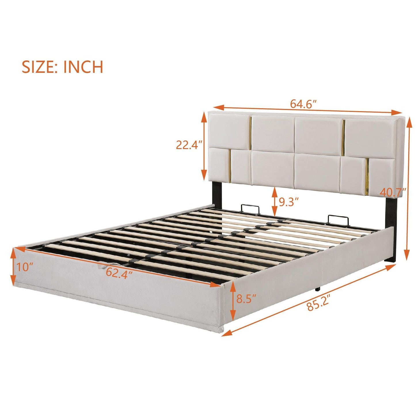 Queen Size Upholstered Platform Bed with Hydraulic Storage, MDF and Plywood Frame, Bed Frame for Living Room, 85" L x 64.5" W x 41" H, Beige