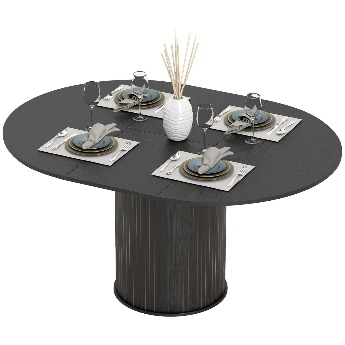 Extendable Kitchen Table for 6-8, 43.5"-59" Farmhouse Dining Table with Pedestal Base Black Wood Grain