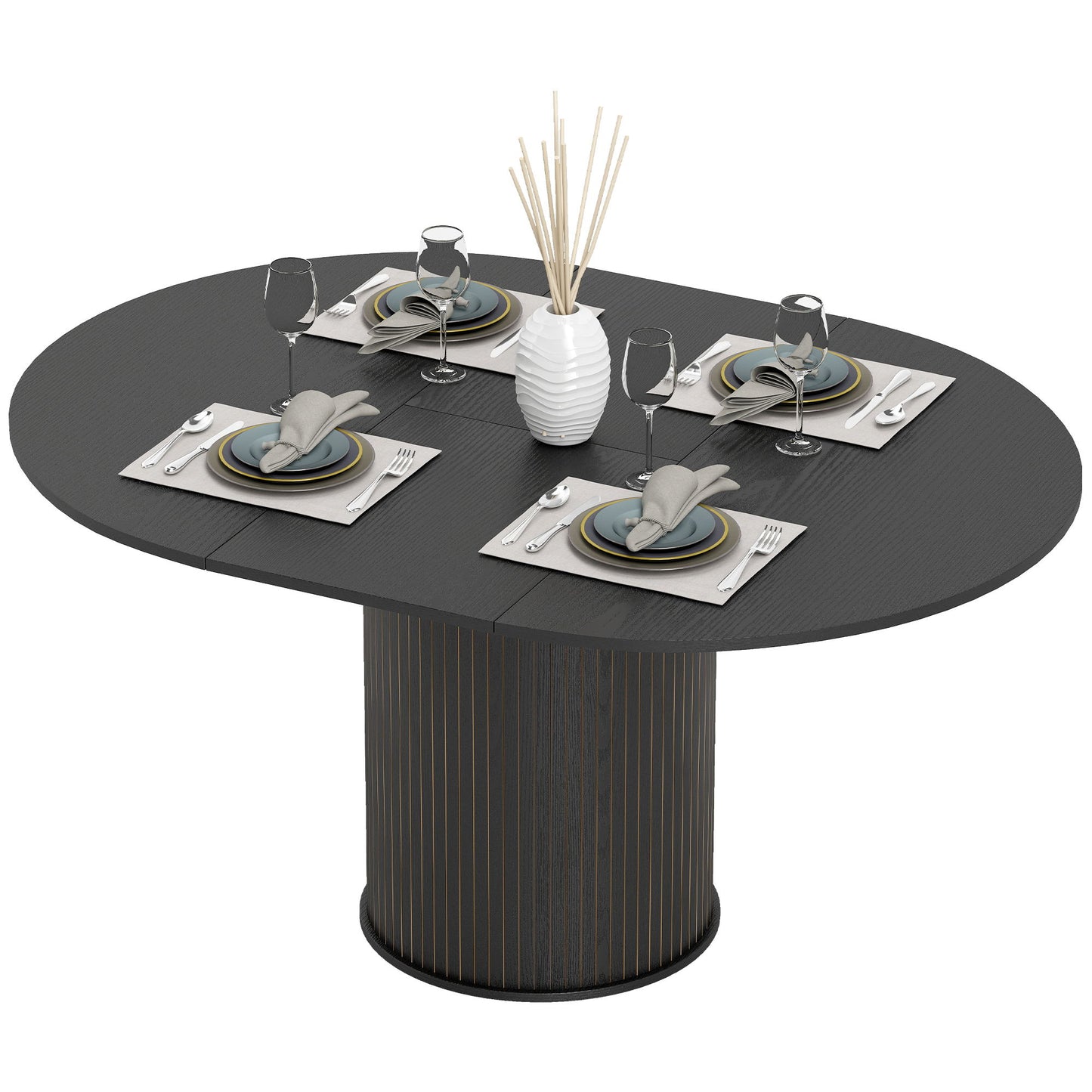 Extendable Kitchen Table for 6-8, 43.5"-59" Farmhouse Dining Table with Pedestal Base Black Wood Grain