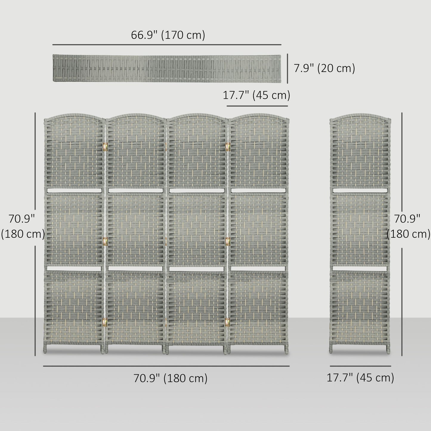 6 FT Privacy Screen, 4 Panel Room Divider with Shelves for Living Room Bedroom Home Office, Grey