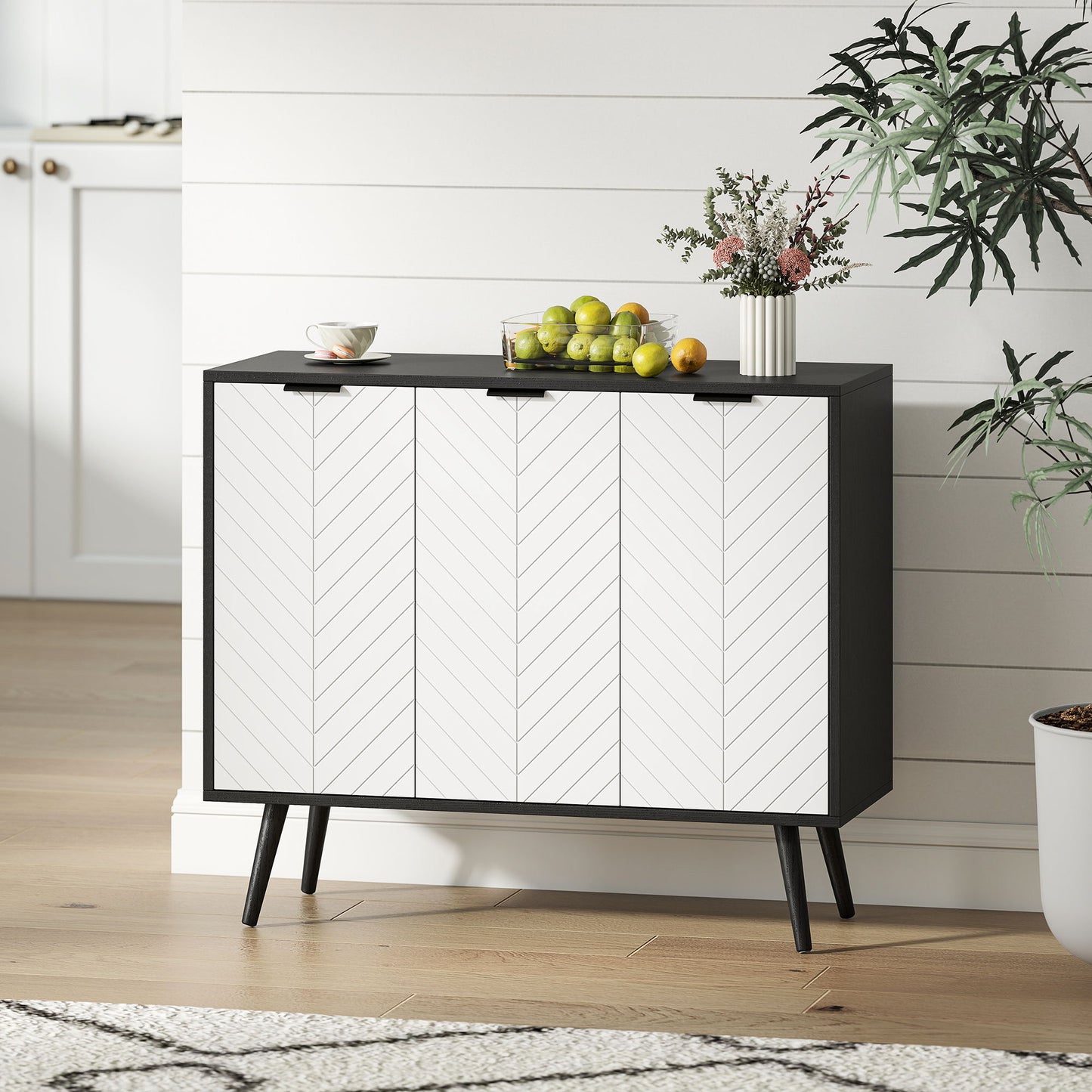 Modern Sideboard and Buffet, Dining Room Cabinet with Adjustable Shelves and 3 Doors, Black