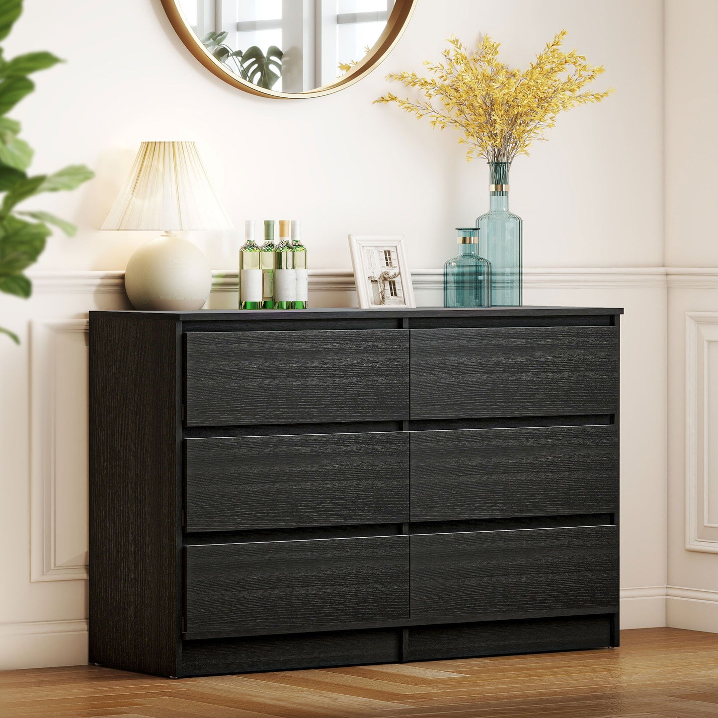 Wide Chest of Drawers, 6 Drawer Dresser for Bedroom, Living Room, Hallway, Modern Clothes Storage Organizer, Black
