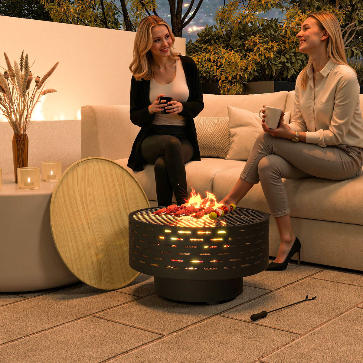 3-in-1 Fire Pit Φ23.8" x 15.4" Stainless Steel Outdoor Fire Bowl with Wood-Effect Fire Basket