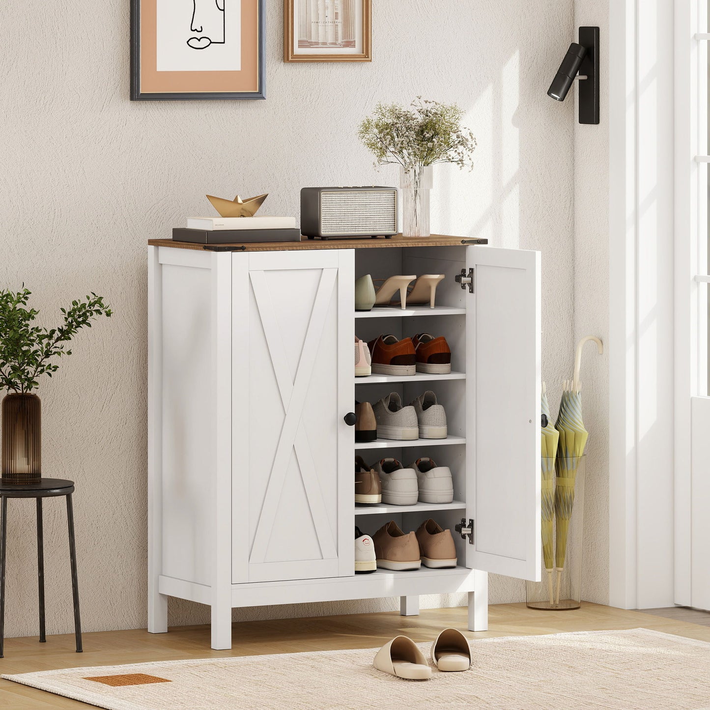 Shoe Cabinet with Barn Doors, Farmhouse Shoe Storage Cabinet with Adjustable Shelves, Holds up to 15 Pairs, White