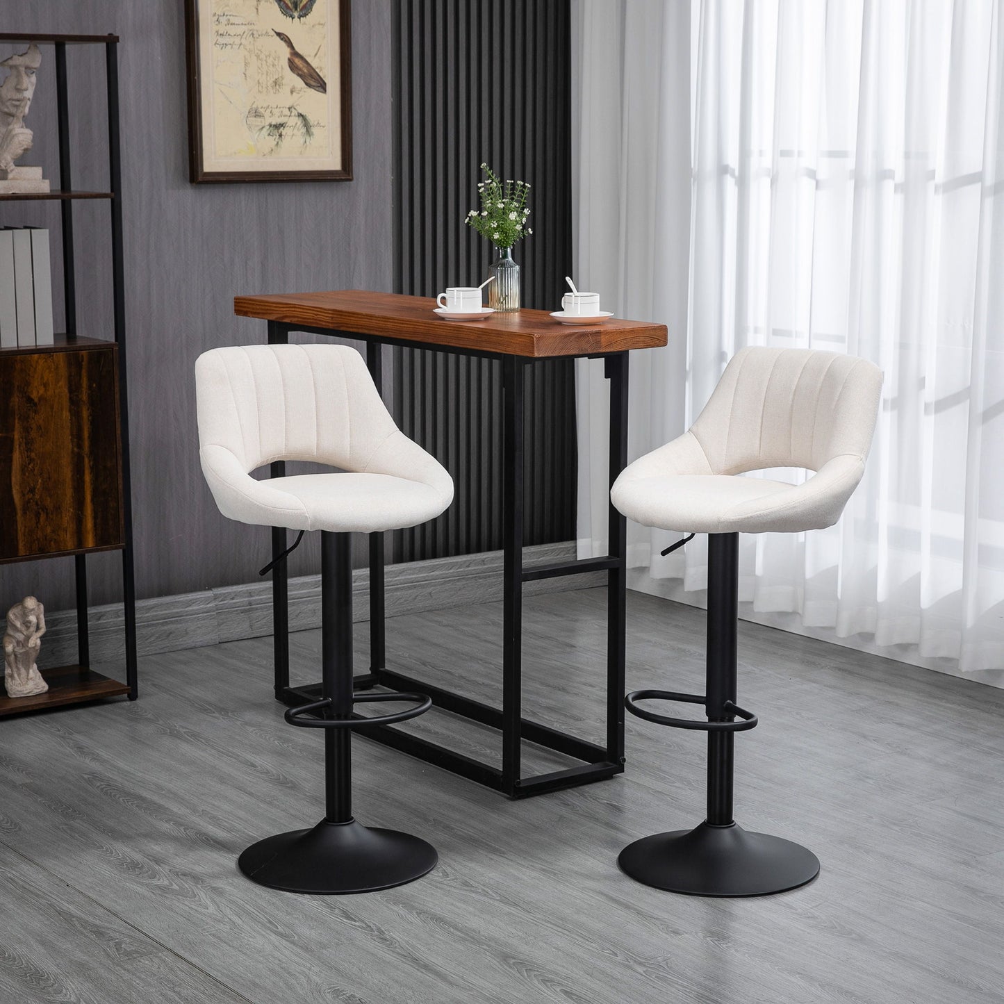 Bar Stools Set of 2, Swivel Counter Height Barstools with Adjustable Height, Linen Upholstered Bar Chairs with Round Metal Base and Footrest, Cream