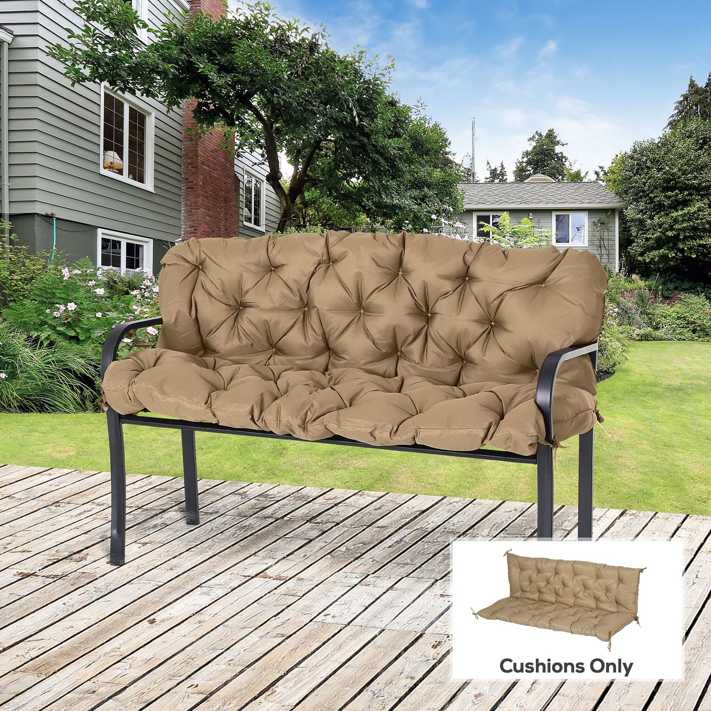 Porch Swing Cushion Garden Bench Cushion with Backrest, Non-Slip 3-Seater Soft Pad, 59.1" x 38.6", Khaki