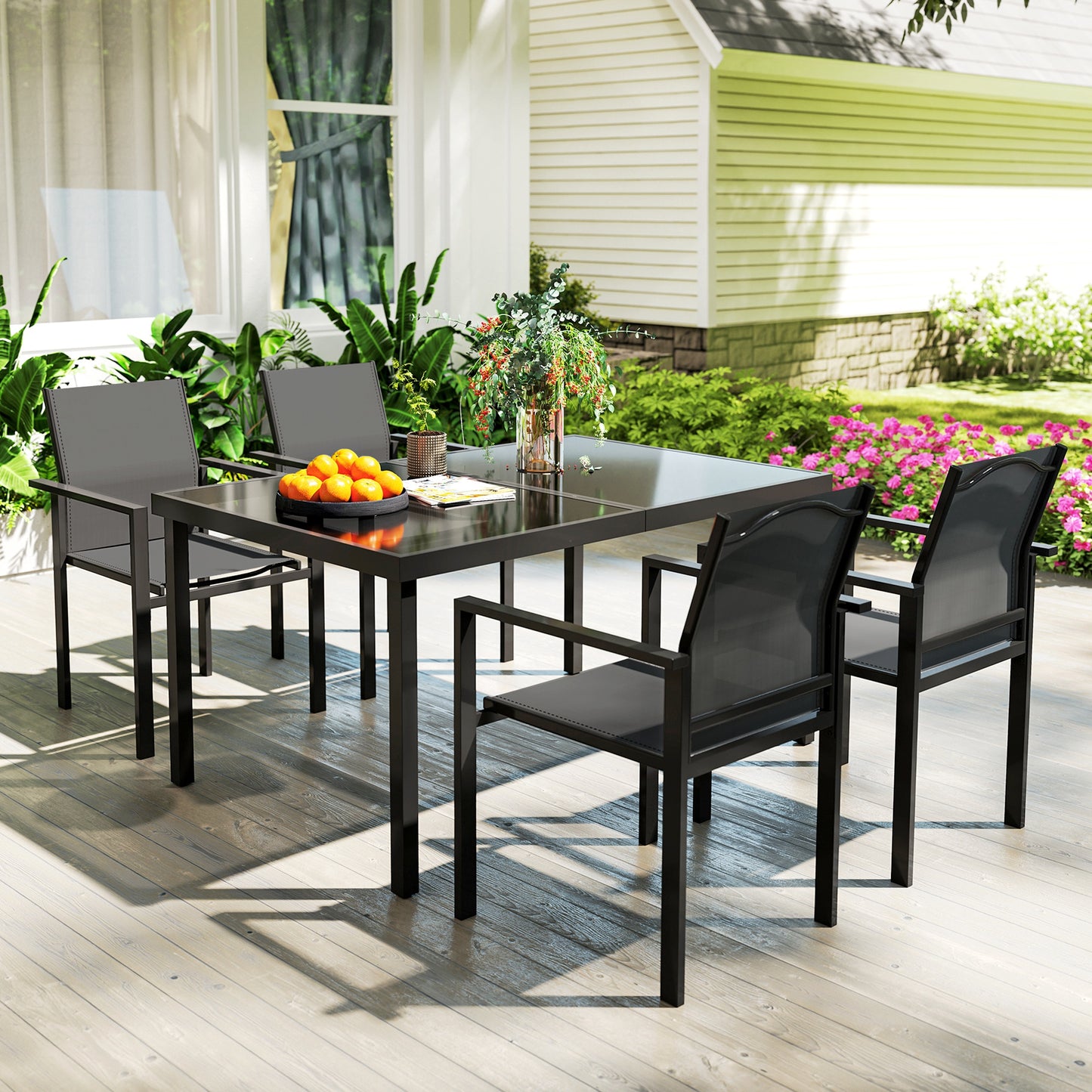 5 Piece Patio Dining Set with 4 Stackable Chairs, Tempered Glass Top, Rust-Resistant Metal Frame