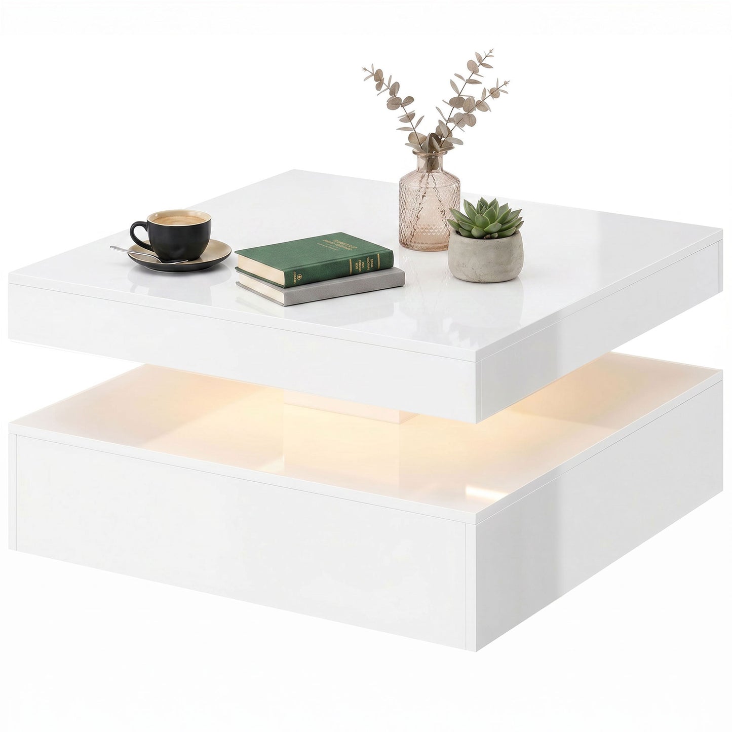 LED Coffee Table with Storage, 2-Tier Modern Center Table with Open Shelf and Remote for Living Room, High Gloss White