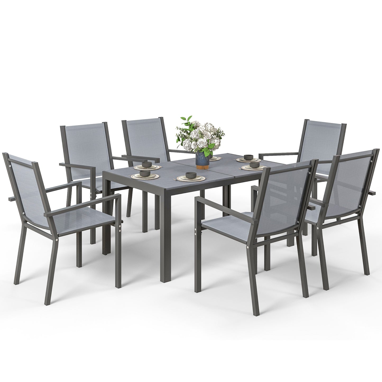7 Piece Outdoor Dining Set with Rectangular Table and 6 Stackable Chairs, for Backyard, Lawn, Deck, Balcony, Pool Side