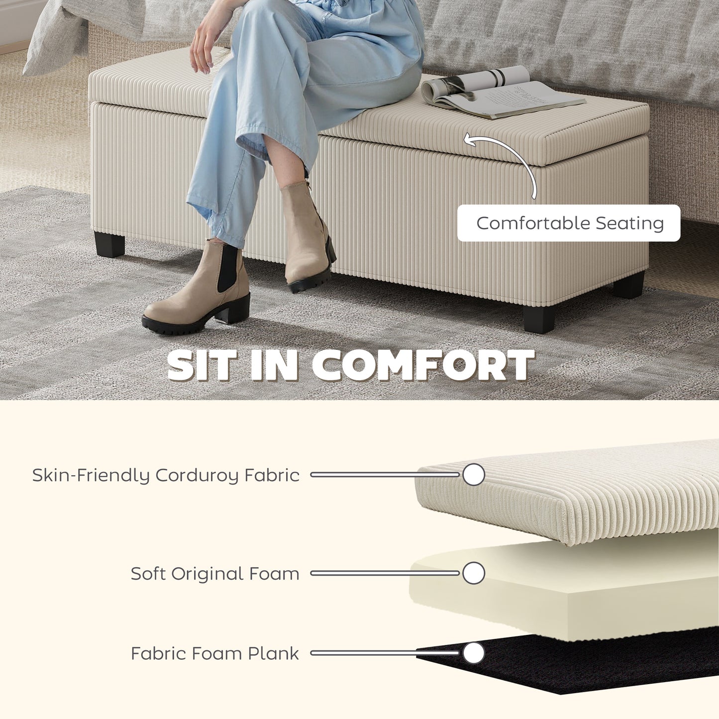 44 Inches Ottoman with Storage, Lid, Legs, Corduroy End of Bed Bench for Living Room, Bedroom, Entryway, Beige