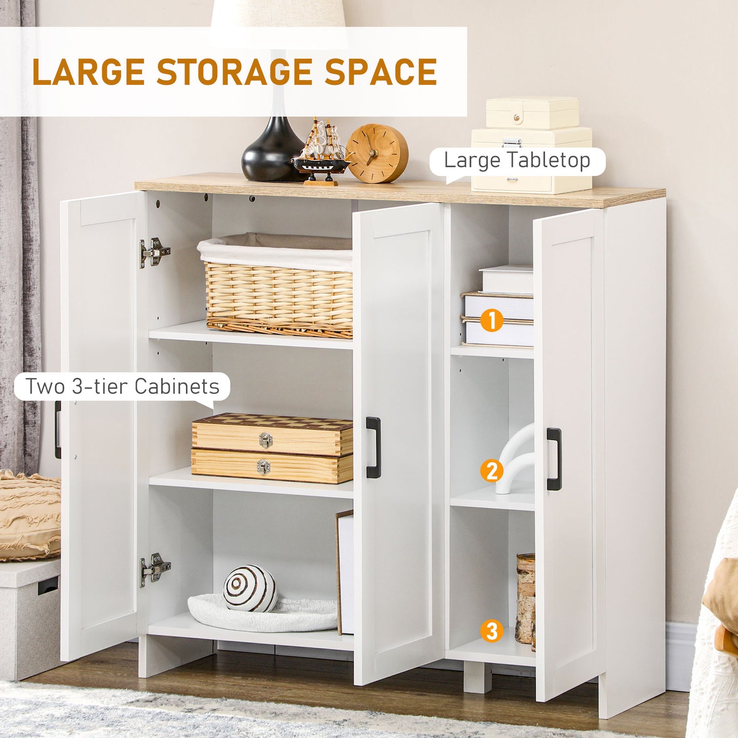 Modern Sideboard Cabinet with Adjustable Shelves, 3 Doors for Modern Kitchen & Dining Room, Ideal for Homeowners, White