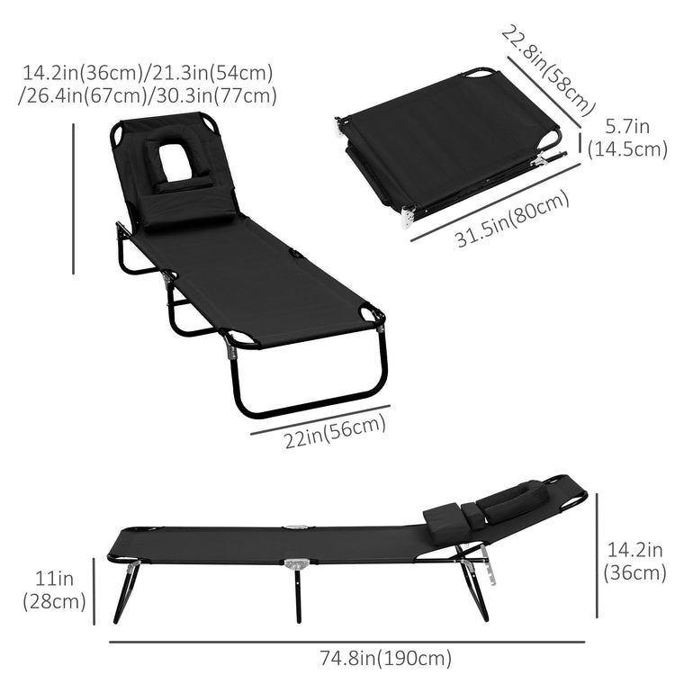 Folding Beach Lounger with Face Hole & 4-Position Backrest