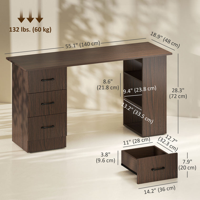 55" Computer Desk with 3-Tier Shelves - Walnut