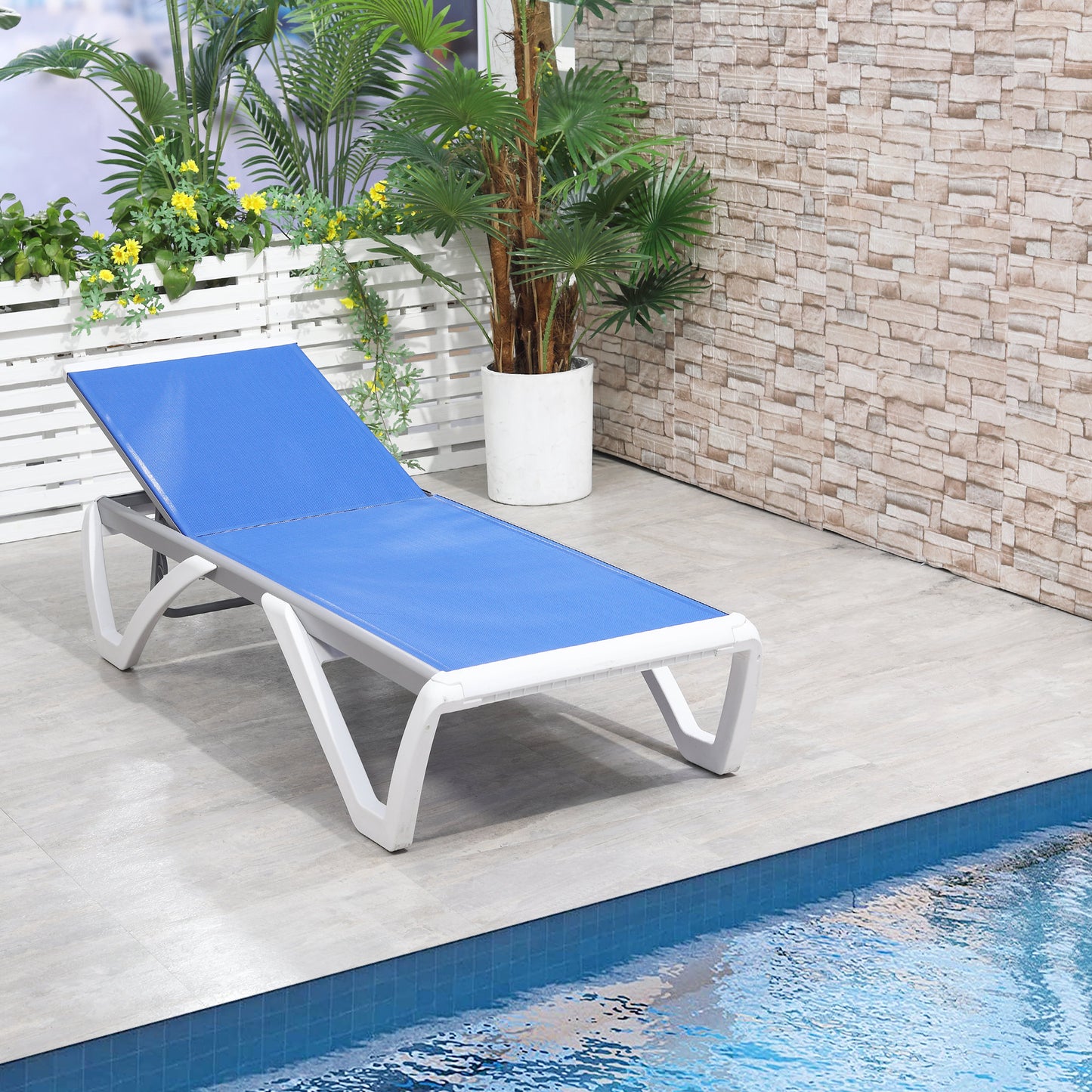 Outdoor Chaise Lounge Chair, Patio Aluminum Tanning Chair with 5-Level Adjustable Back, Portable Wheels, Breathable Mesh Fabric, for Pool, Deck, Garden, Blue - Blue