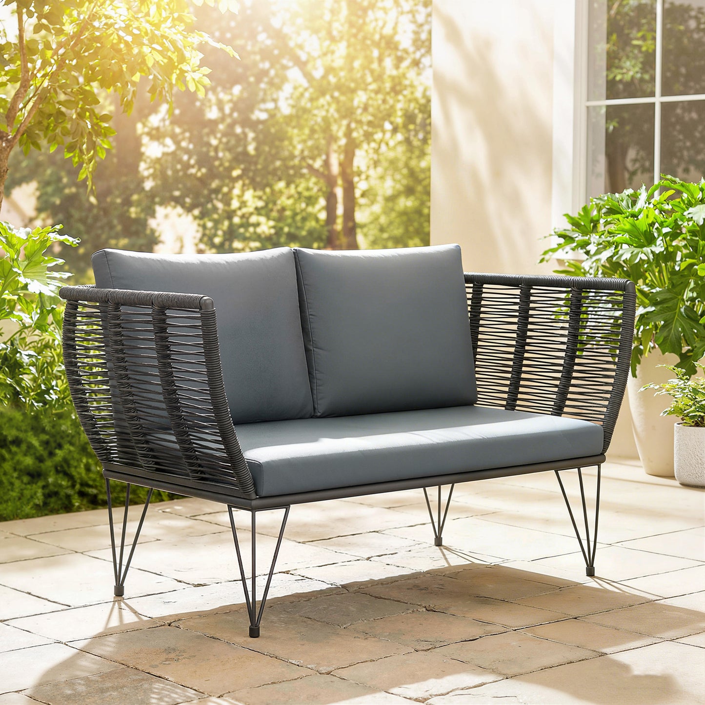 Outdoor Couch Patio Sofa with Cushions, 2 Seater Patio Furniture Loveseat with Galvanized Steel Frame, Light Grey