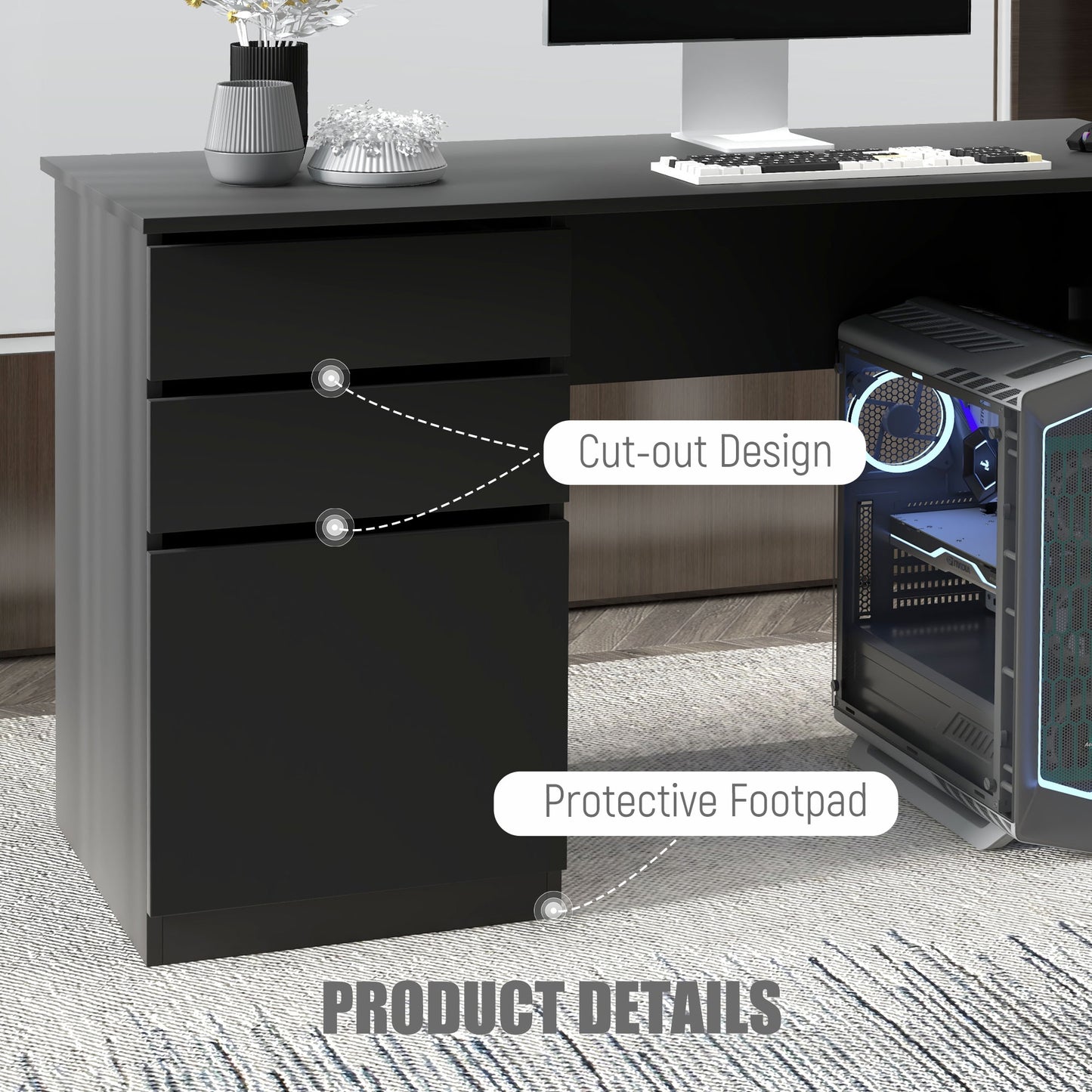 Computer Desk with Storage, PC Table with Drawers and Cabinet for Home Office, Study Room, Black