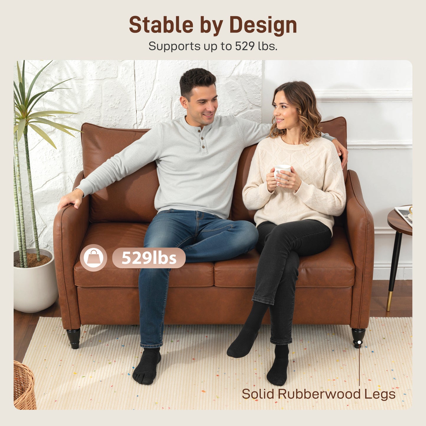 55" Loveseat Sofa, Small 2 Seater Couch with Solid Wood Legs, Modern PU Leather Upholstered Sofa for Small Spaces, Brown