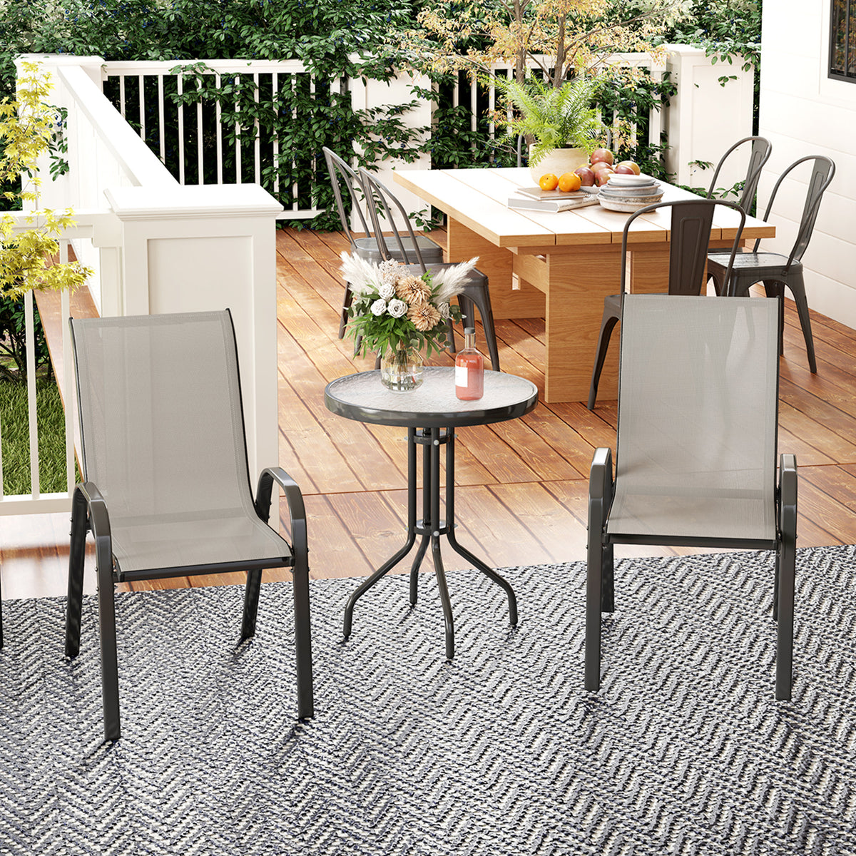 3 Pieces Bistro Set, Small Patio Furniture Set with Stackable Mesh Chairs, Glass Table for Garden, Light Mixed Brown - Light Grey