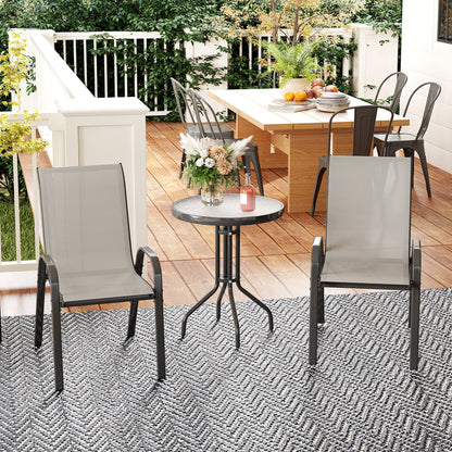 3 Pieces Bistro Set, Small Patio Furniture Set with Stackable Mesh Chairs, Glass Table for Garden, Light Mixed Brown - Light Grey
