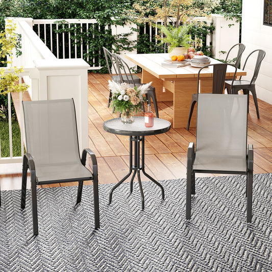 3 Pieces Bistro Set, Small Patio Furniture Set with Stackable Mesh Chairs, Glass Table for Garden, Light Mixed Brown - Light Grey