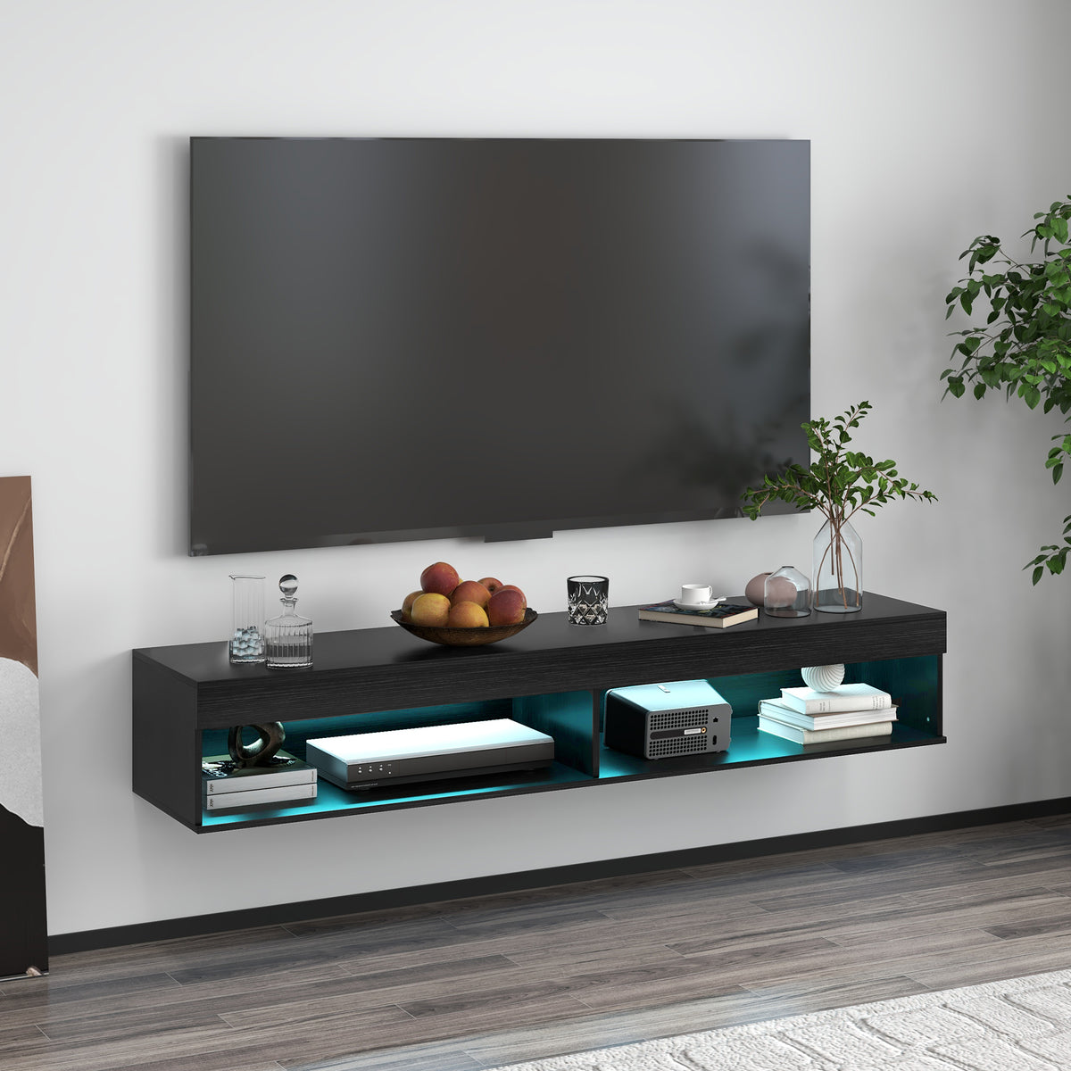 Modern Wall Mounted TV Stand with Storage and LED Lights for TVs up to 75", Floating TV Shelf for Living Room, Black