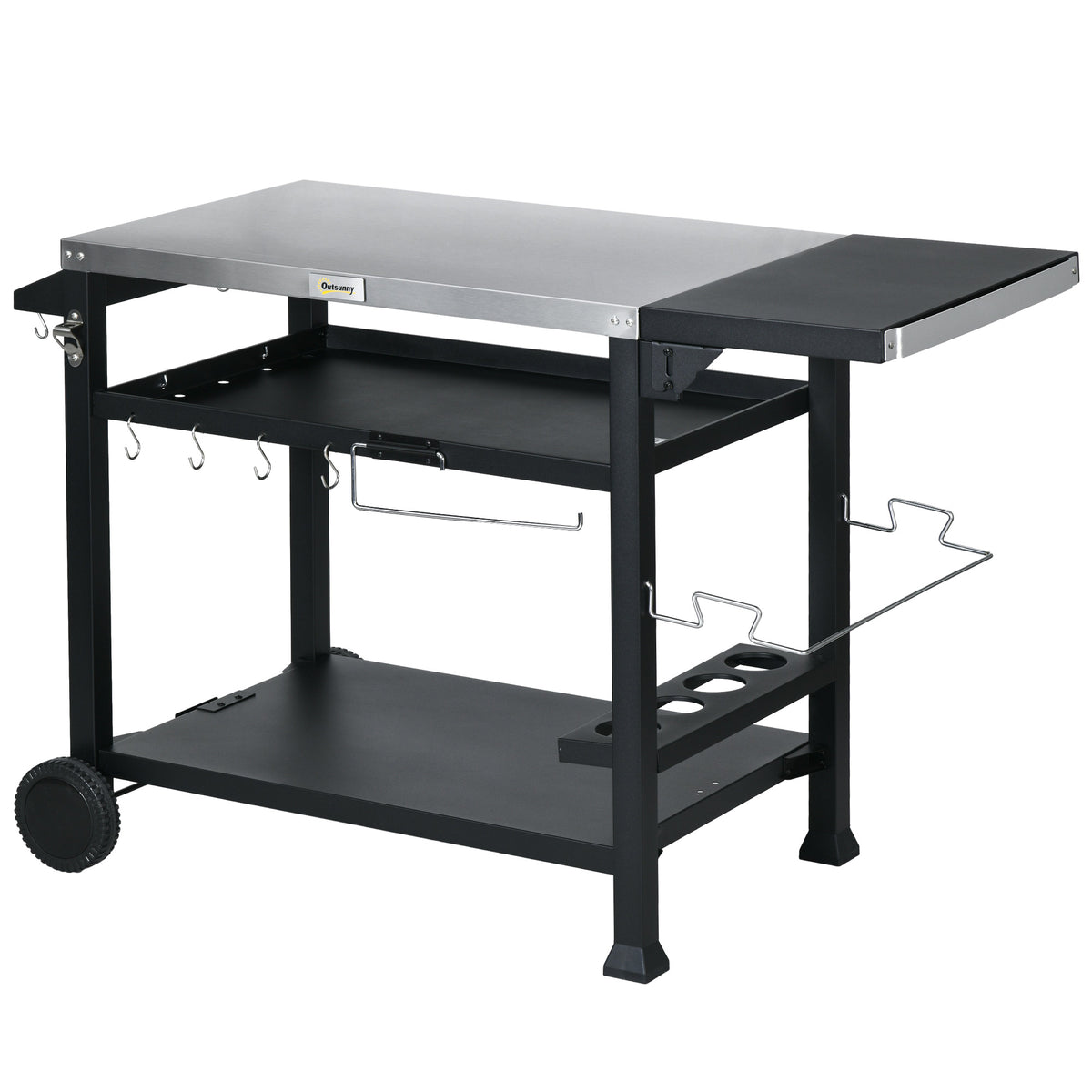 3-Shelf Grill Cart with Foldable Side Table & Stainless Steel Top