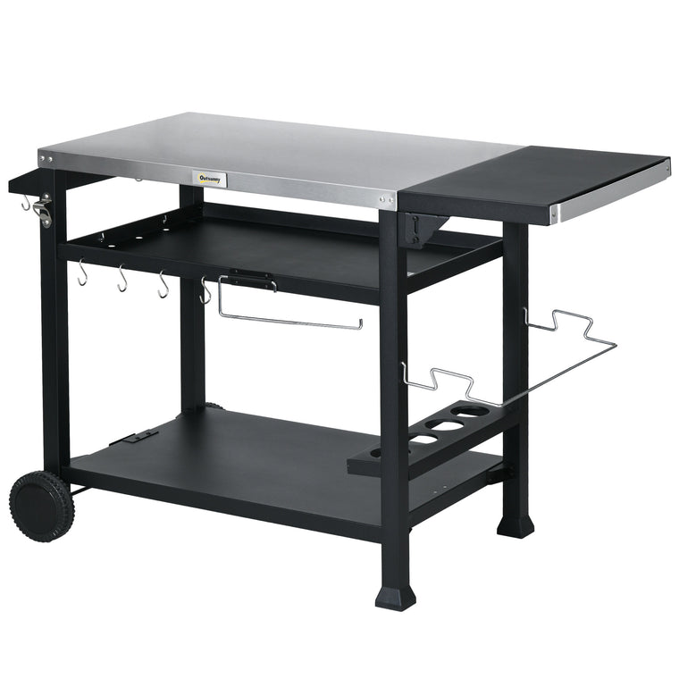 3-Shelf Grill Cart with Foldable Side Table & Stainless Steel Top