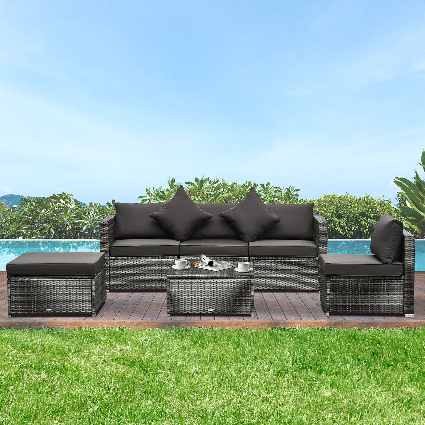 6 Pieces Outdoor PE Rattan Wicker Patio Furniture Sofa Set with Thick Cushions, Deluxe Garden Sectional Couch with Glass Top Table, Mixed Grey and Dark Grey