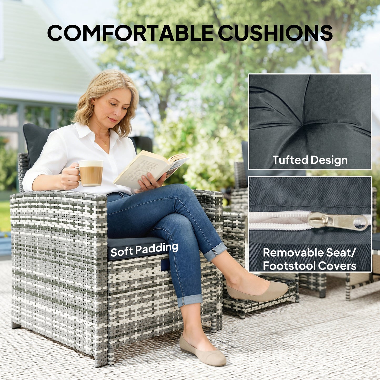Wicker Patio Chairs with Ottomans, 2-Tier Glass Coffee Table and Cushions, 5 Pcs Patio Furniture Set, Grey