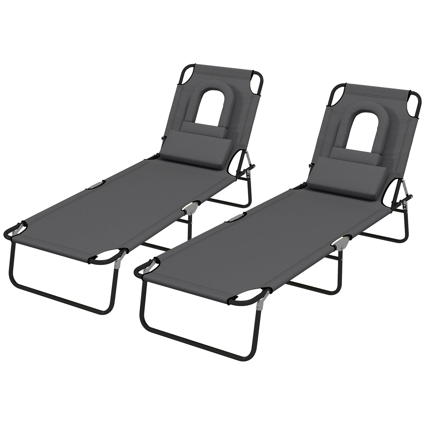 Folding Lounge Chair Set of 2, Reclining Beach Tanning Chair with Face Hole, Pillow, 4-Position Adjustable Flat Sun Lounger, Steel Frame for Outdoor Patio Pool, Green
