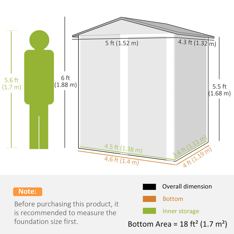 5' x 4' Metal Garden Shed with Sliding Doors and Foundation Kit