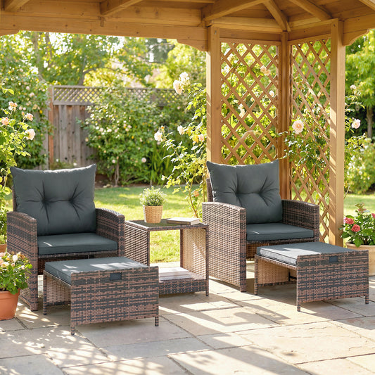 5 Piece Patio Furniture Set, Wicker Patio Chairs with Ottomans, 2-Tier Glass Coffee Table and Cushions, Brown/Dark Grey - Dark Grey