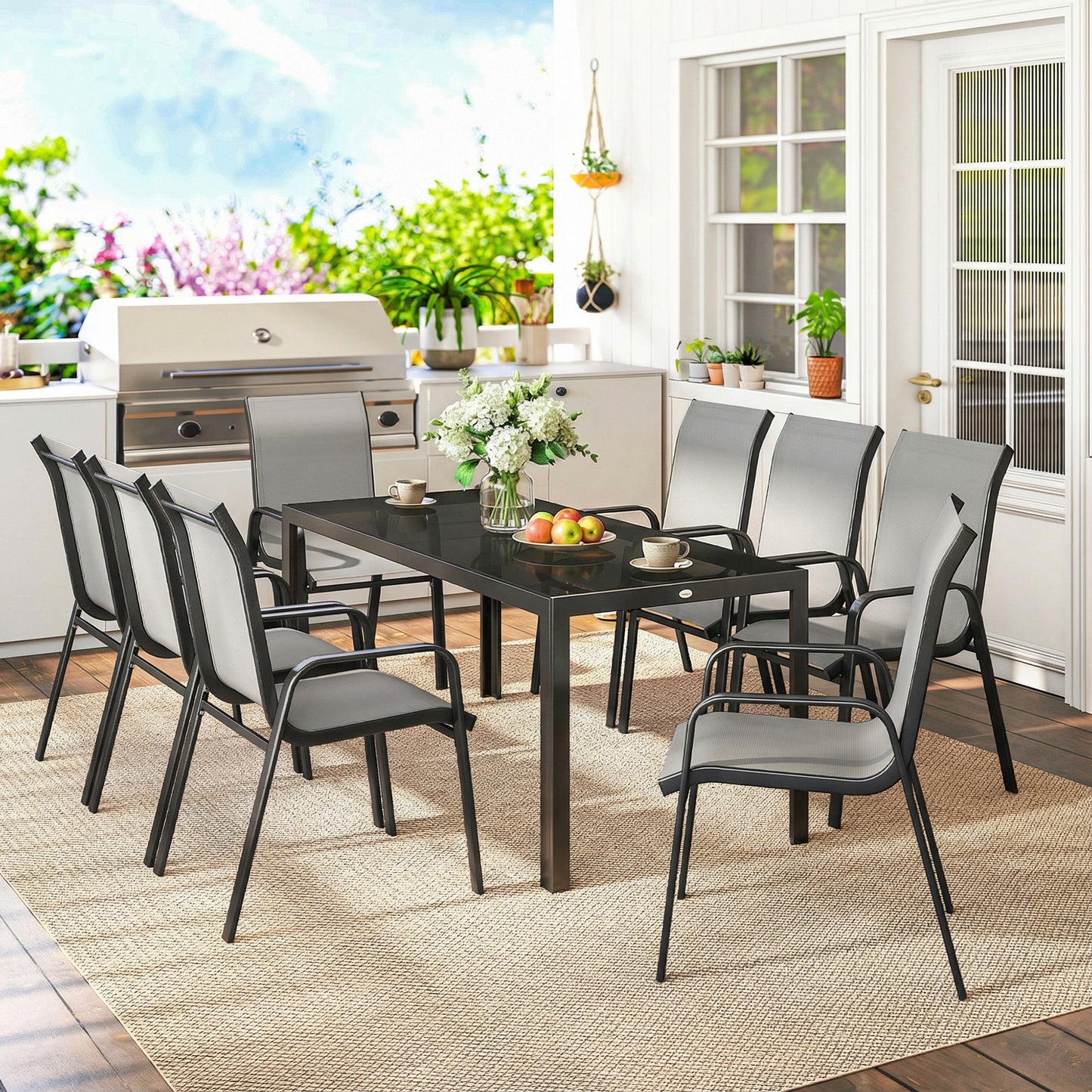 9 Pieces Patio Set with Stackable Chairs, Patio Dining Set with Glass Top for Garden, Patio, Backyard, Light Grey