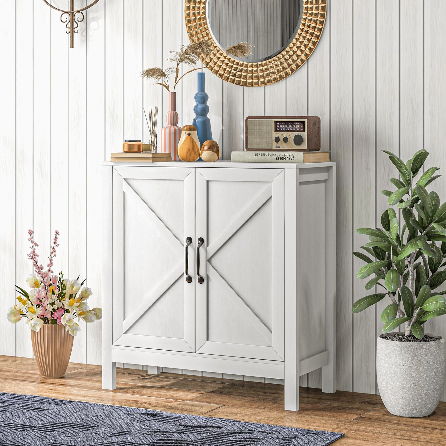 Sideboard Buffet, Kitchen Storage Cabinet with Barn Door and Adjustable Shelves, Storage Pantry, White Wood Grain
