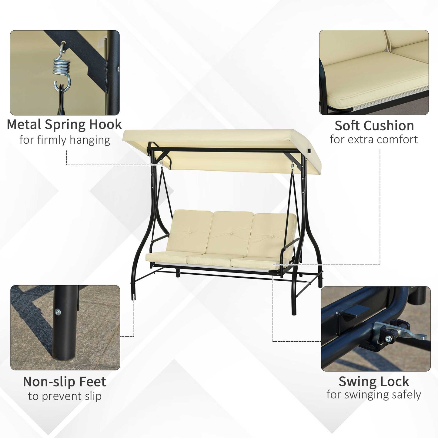 Convertible Patio Swing Bed with Canopy and Cushions, 3 Seater Porch Swing for Outdoor, Backyard, Garden, Beige