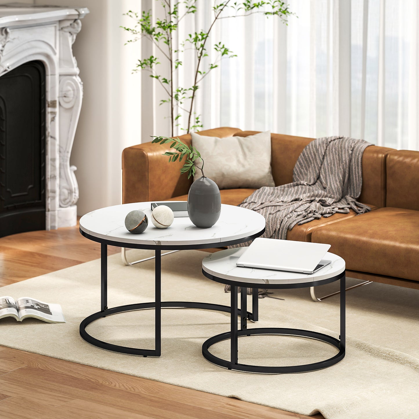 Modern Coffee Table Set of 2, Nesting Side Tables w/ Metal Base for Living Room Bedroom Office Faux Marbled White