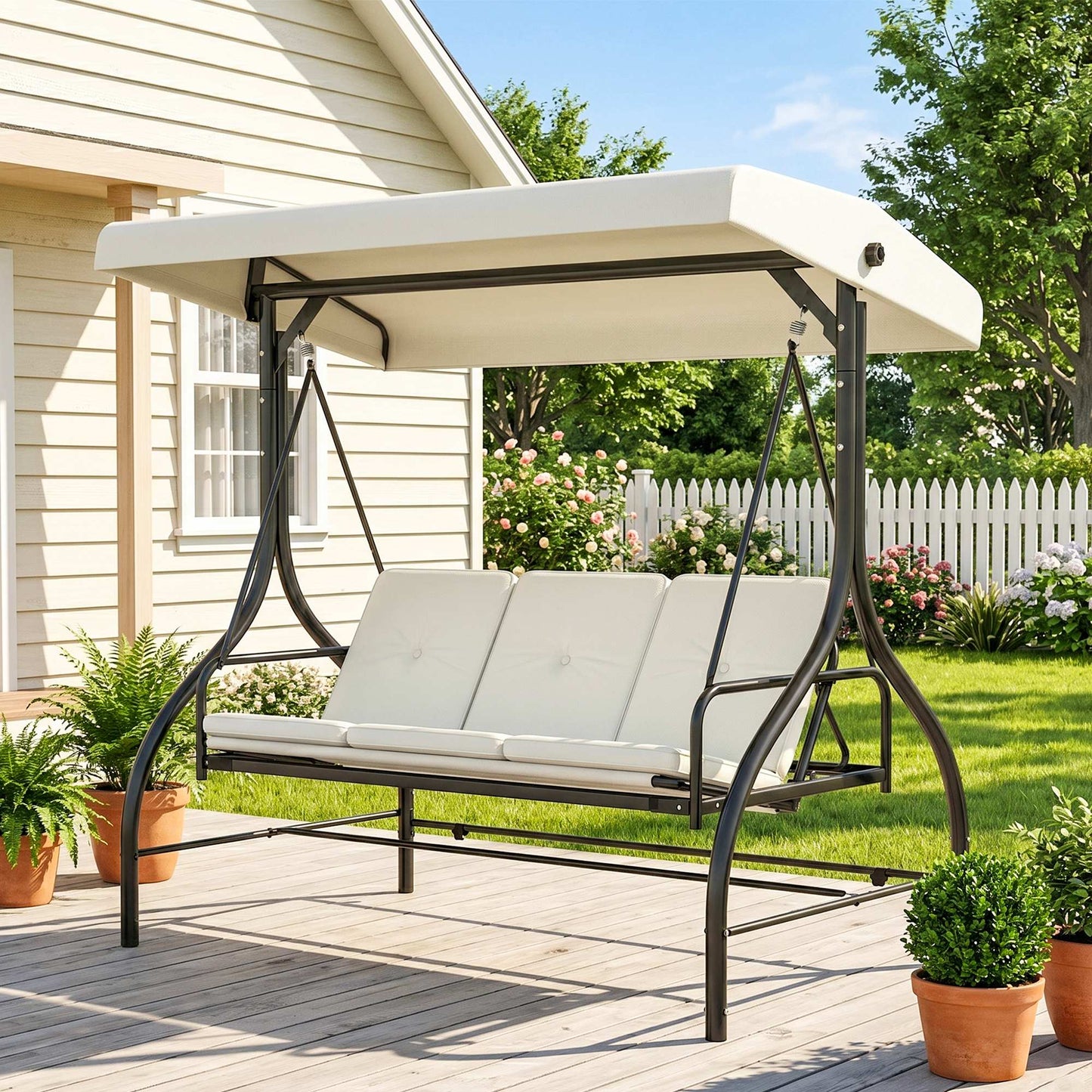 Convertible Patio Swing Bed with Canopy and Cushions, 3 Seater Porch Swing for Outdoor, Backyard, Garden, Beige
