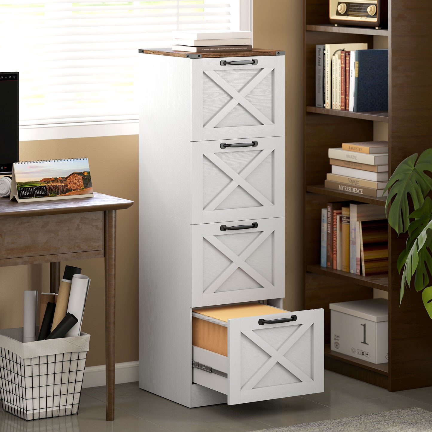4 Drawer File Cabinet with Silent Slides, Vertical Farmhouse Filing Cabinet Fits Letter/A4 Size Home Office, White